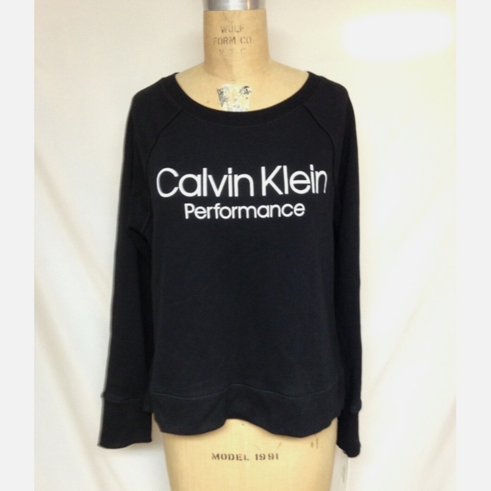 Calvin Klein Logo Print Ribbed Trim Crew Neck Sweatshirt PFT8T1182 Med.Black NWT